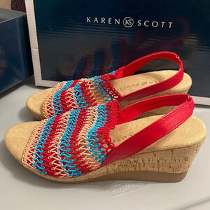 KAREN SCOTT Womens Cushioned Cork Wedge Slip On Slingback Sandal sz 8 red blue